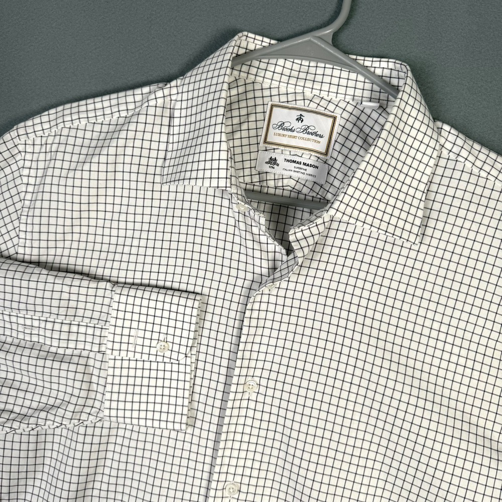 Brooks Brothers Thomas Mason Dress Shirt Mens 17 34 Button Up Check Gray White